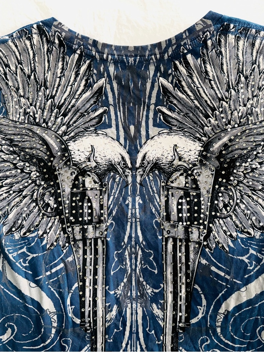 Sinful by Affliction V-Neck 
Blue & White Winged Guns with Rhinestones - Picture 8 of 9